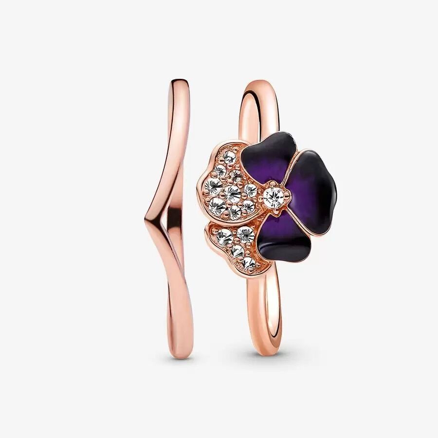 Deep Purple Pansy Flower Wishbone Ring Set image number 0